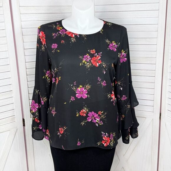 Worthington Floral Tiered Ruffle Bell Sleeve Blouse Black Pink Large - Picture 1 of 12